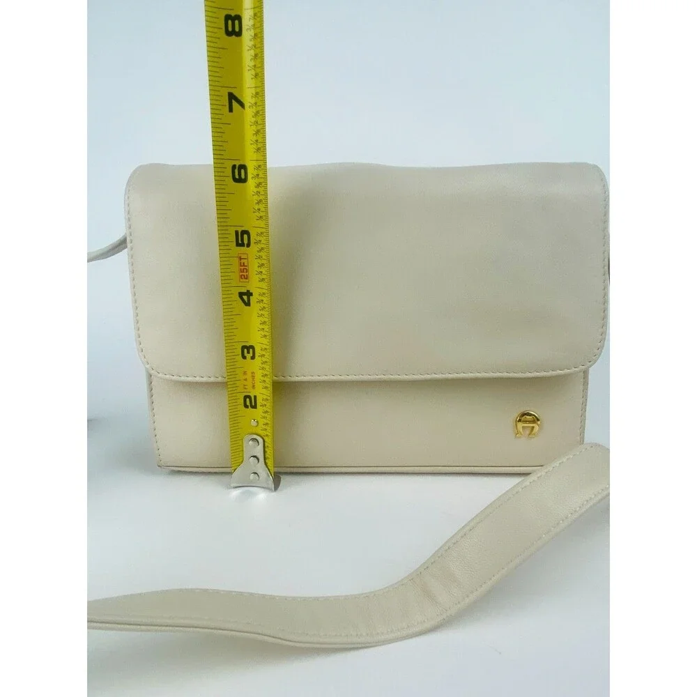 Vintage Etienne Aigner Ivory Leather Crossbody Shoulder Flap Bag Gold Hardware